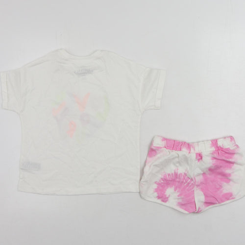 Marks and Spencer Girls White Cotton Pullover T-Shirt Size 6-7 Years Crew Neck Pullover - Tie Dye Shorts Set