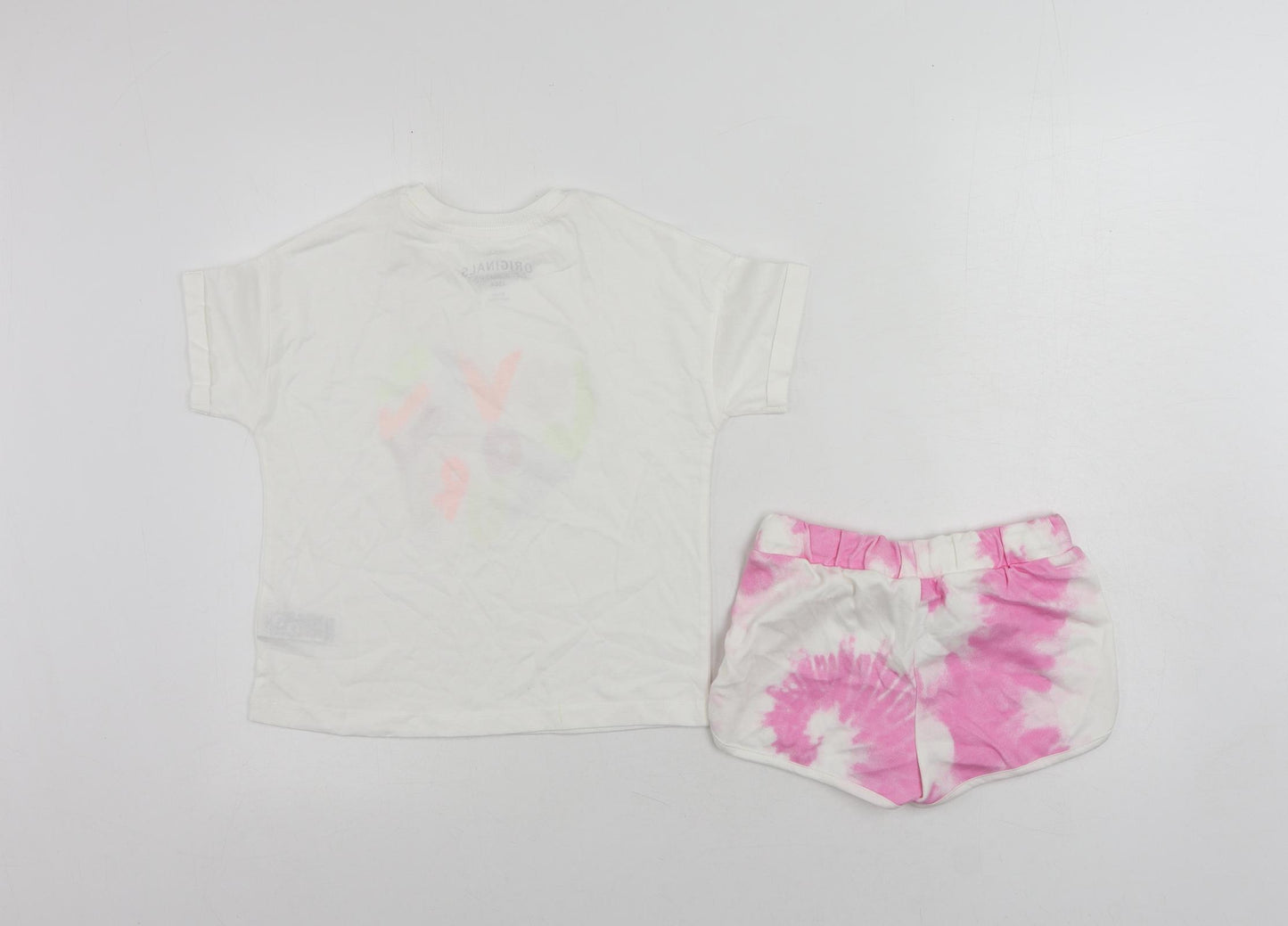 Marks and Spencer Girls White Cotton Pullover T-Shirt Size 6-7 Years Crew Neck Pullover - Tie Dye Shorts Set