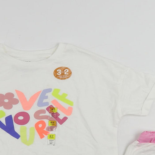Marks and Spencer Girls White Cotton Pullover T-Shirt Size 6-7 Years Crew Neck Pullover - Tie Dye Shorts Set