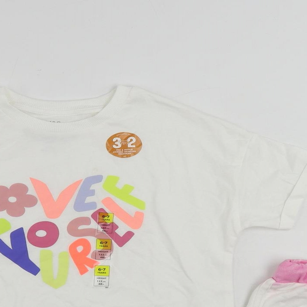 Marks and Spencer Girls White Cotton Pullover T-Shirt Size 6-7 Years Crew Neck Pullover - Tie Dye Shorts Set