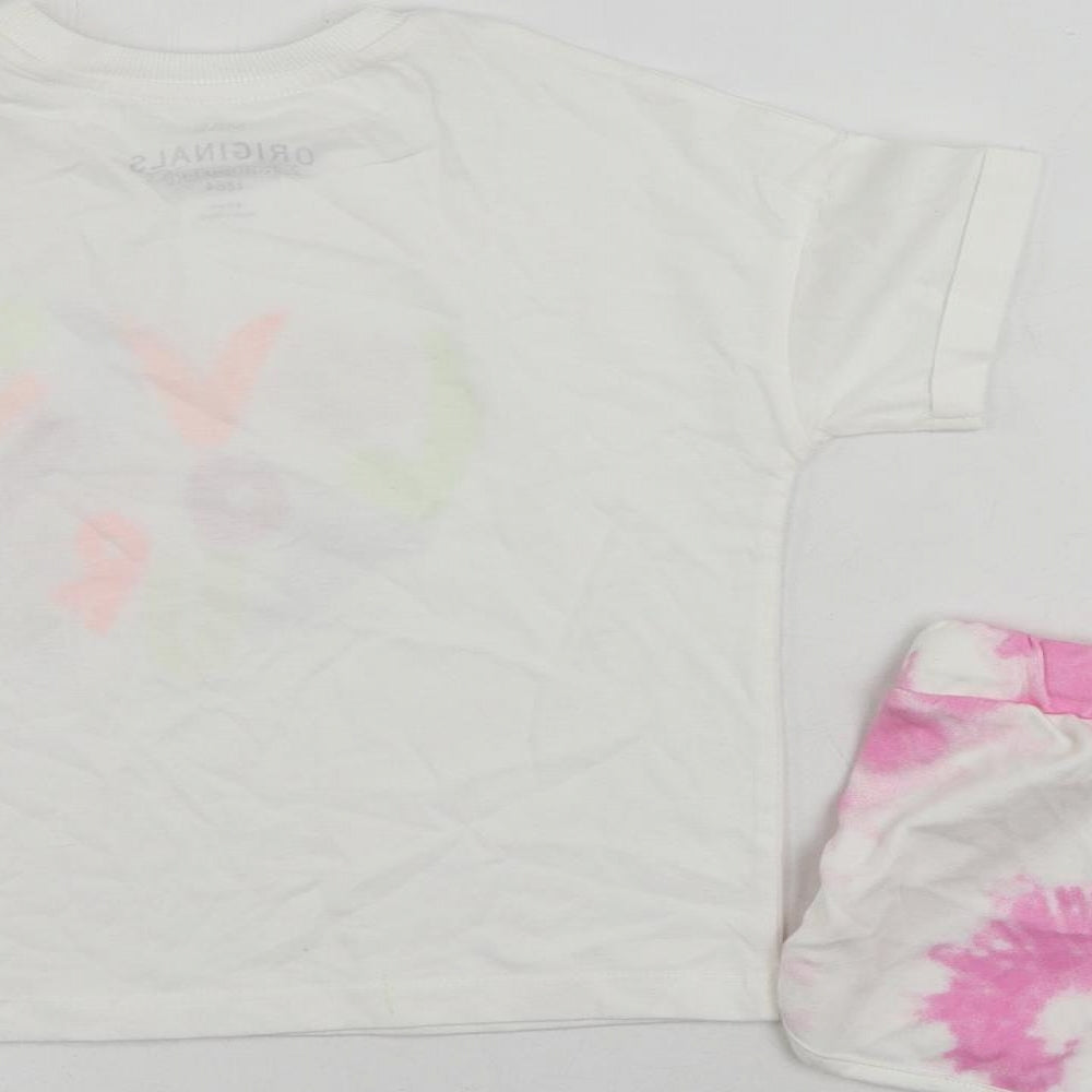 Marks and Spencer Girls White Cotton Pullover T-Shirt Size 6-7 Years Crew Neck Pullover - Tie Dye Shorts Set