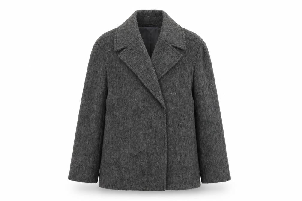 Front view of H&M women’s grey jacket, size XS, snap