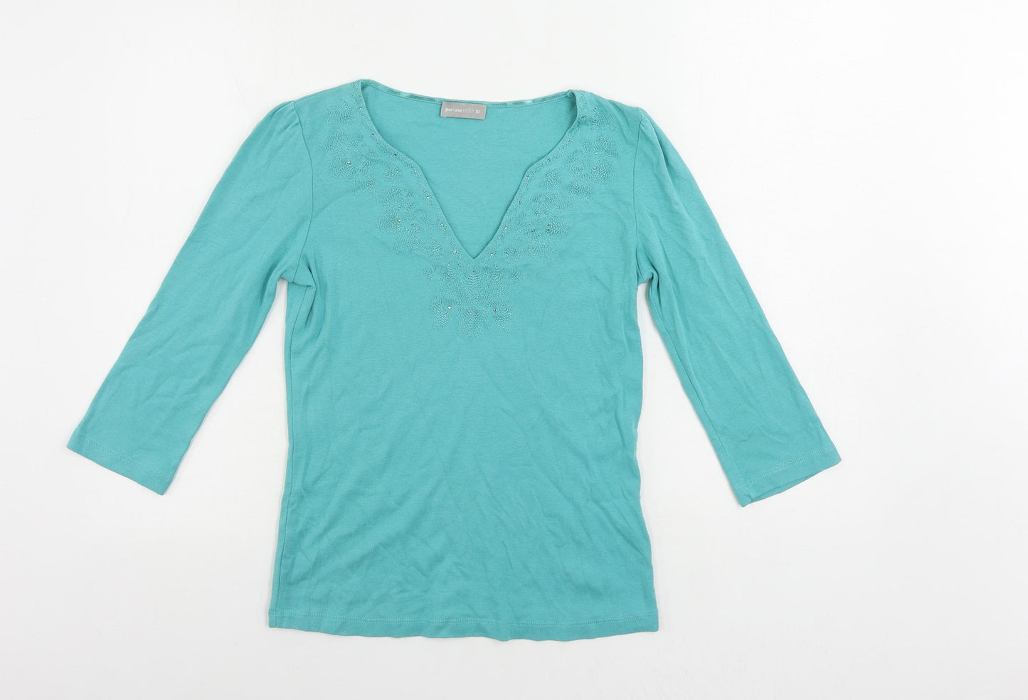 Per Una Womens Green Cotton Basic T-Shirt Size 10 V-Neck - Embroidered