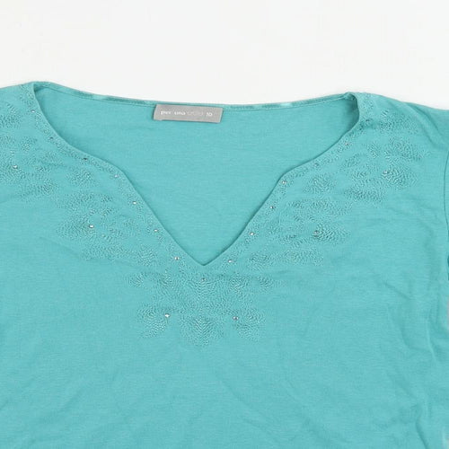 Per Una Womens Green Cotton Basic T-Shirt Size 10 V-Neck - Embroidered