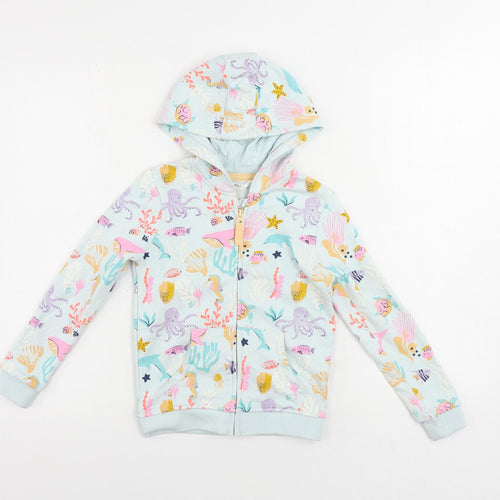 Marks and Spencer Girls Blue Geometric Cotton Full Zip Hoodie Size 6-7 Years Zip - Sea Creatures