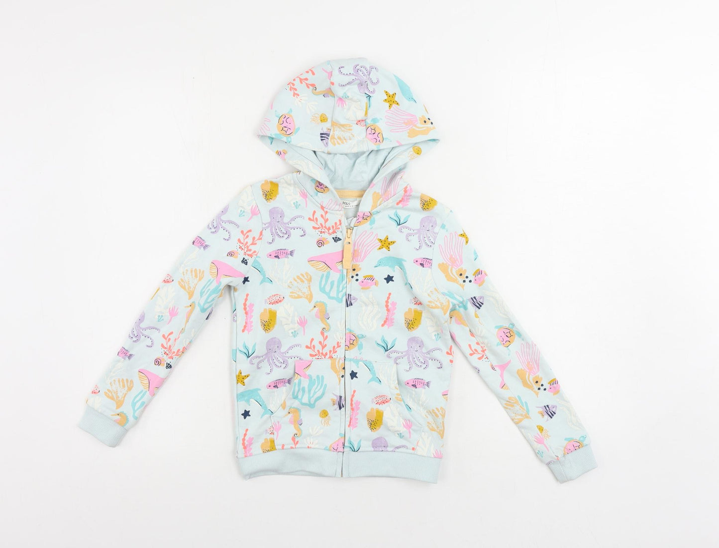 Marks and Spencer Girls Blue Geometric Cotton Full Zip Hoodie Size 6-7 Years Zip - Sea Creatures