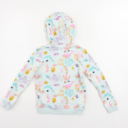 Marks and Spencer Girls Blue Geometric Cotton Full Zip Hoodie Size 6-7 Years Zip - Sea Creatures