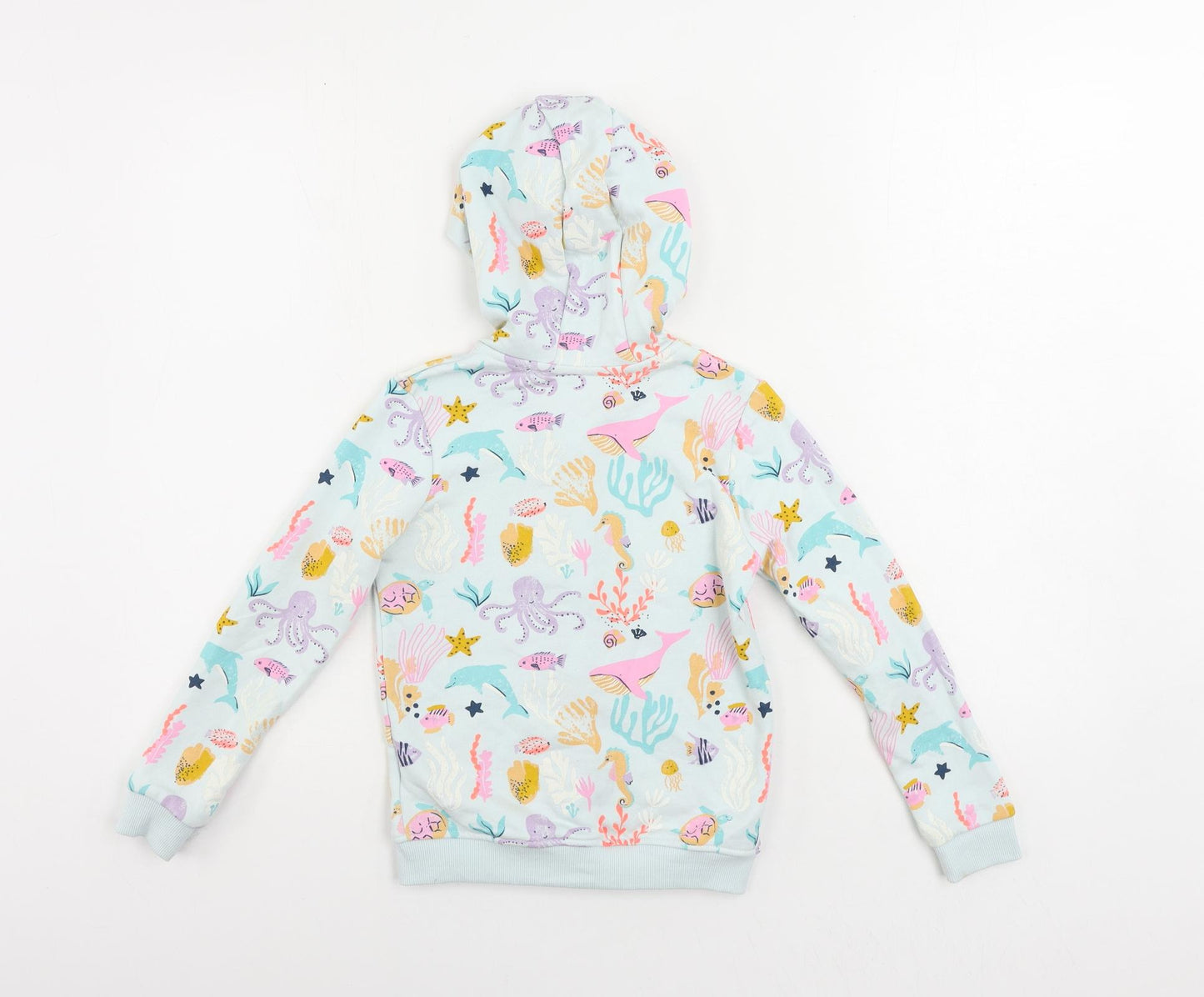 Marks and Spencer Girls Blue Geometric Cotton Full Zip Hoodie Size 6-7 Years Zip - Sea Creatures