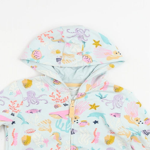 Marks and Spencer Girls Blue Geometric Cotton Full Zip Hoodie Size 6-7 Years Zip - Sea Creatures