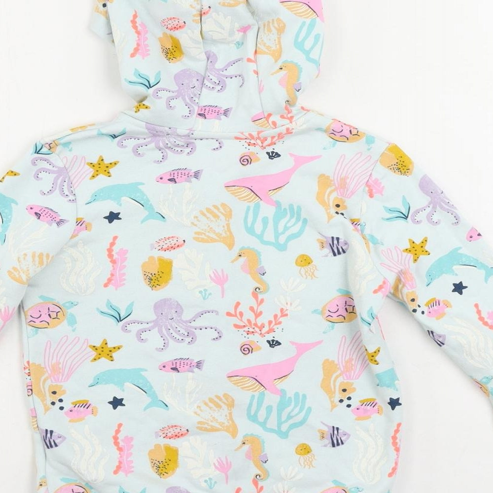Marks and Spencer Girls Blue Geometric Cotton Full Zip Hoodie Size 6-7 Years Zip - Sea Creatures