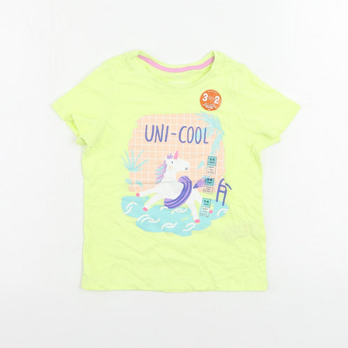 Marks and Spencer Girls Yellow Cotton Pullover T-Shirt Size 5-6 Years Crew Neck Pullover - Unicorn