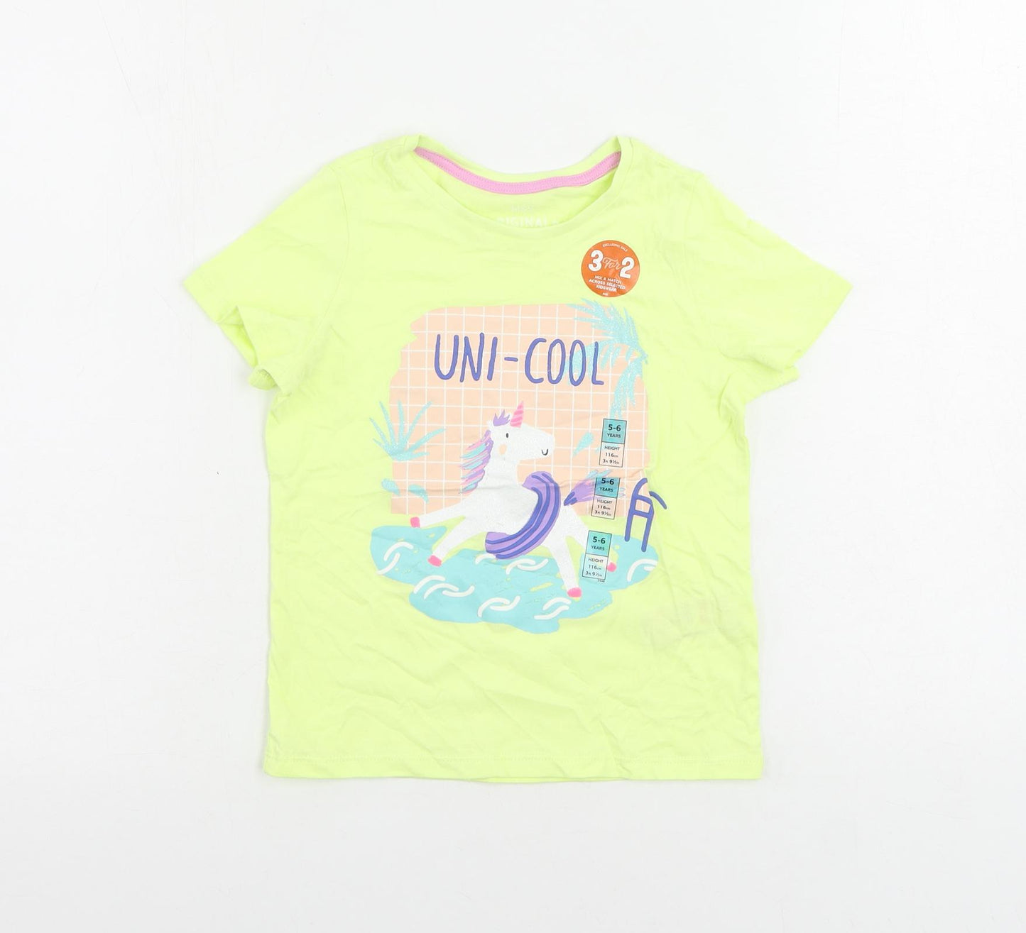 Marks and Spencer Girls Yellow Cotton Pullover T-Shirt Size 5-6 Years Crew Neck Pullover - Unicorn