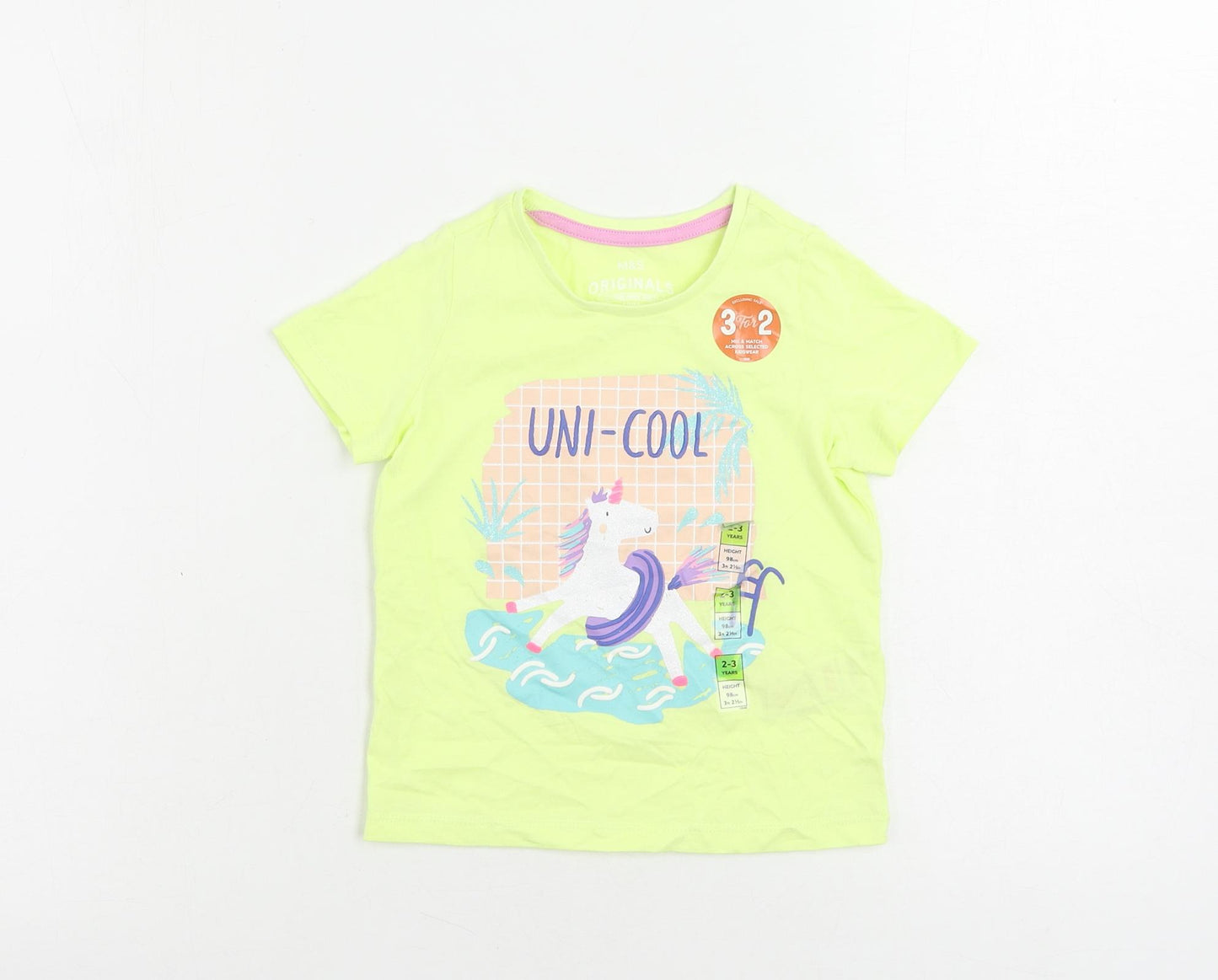 Marks and Spencer Girls Yellow Cotton Pullover T-Shirt Size 2-3 Years Crew Neck Pullover - Unicorn