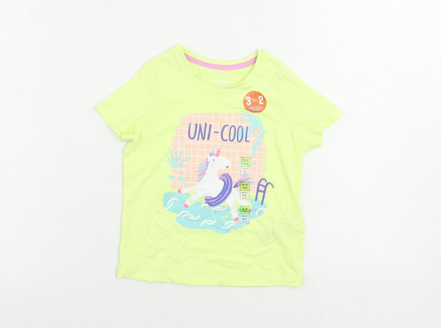 Marks and Spencer Girls Yellow Cotton Pullover T-Shirt Size 3-4 Years Crew Neck Pullover - Unicorn