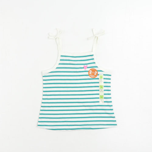 Marks and Spencer Girls Green Striped Cotton Camisole Tank Size 2-3 Years Square Neck Pullover