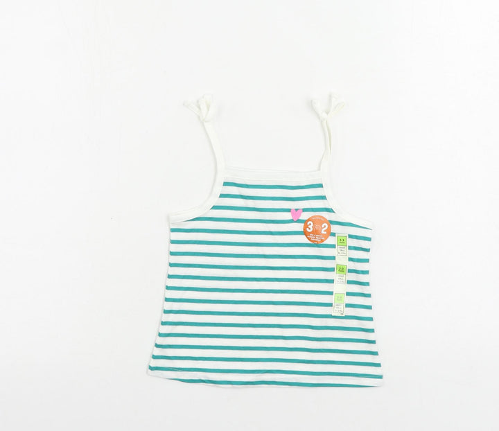 Marks and Spencer Girls Green Striped Cotton Camisole Tank Size 2-3 Years Square Neck Pullover