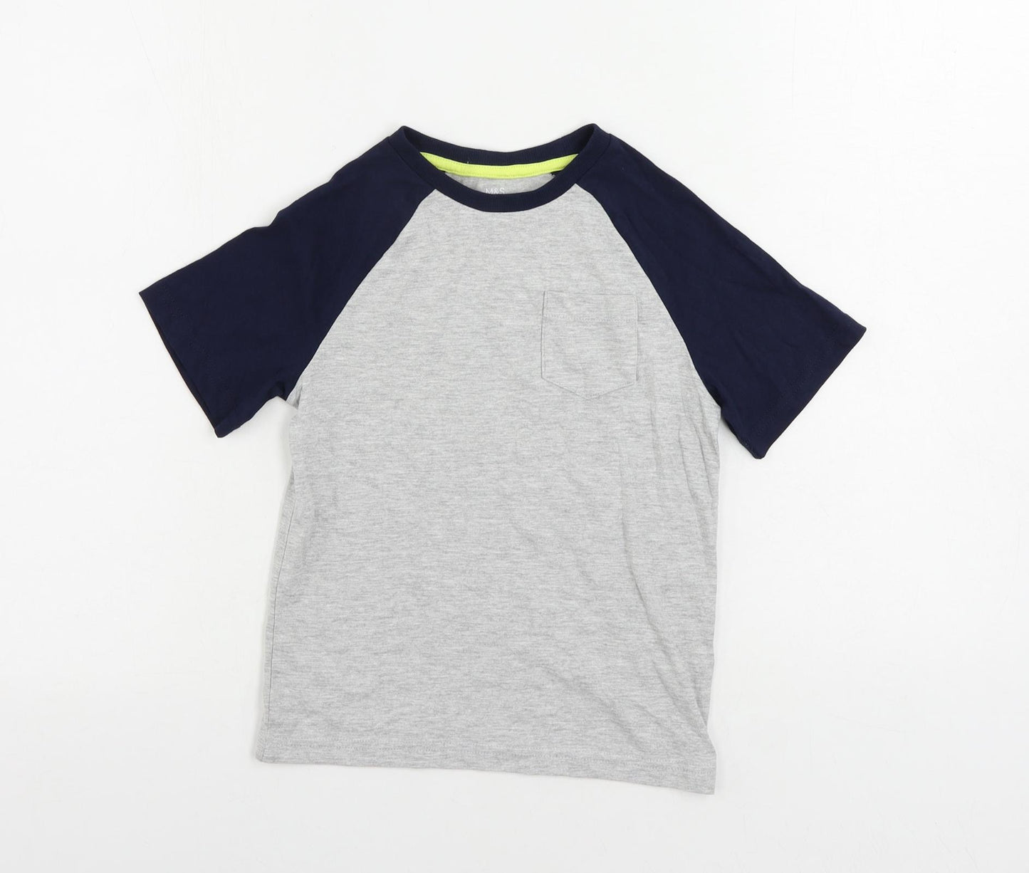 Marks and Spencer Boys Grey Colourblock Cotton Pullover T-Shirt Size 6-7 Years Crew Neck Pullover