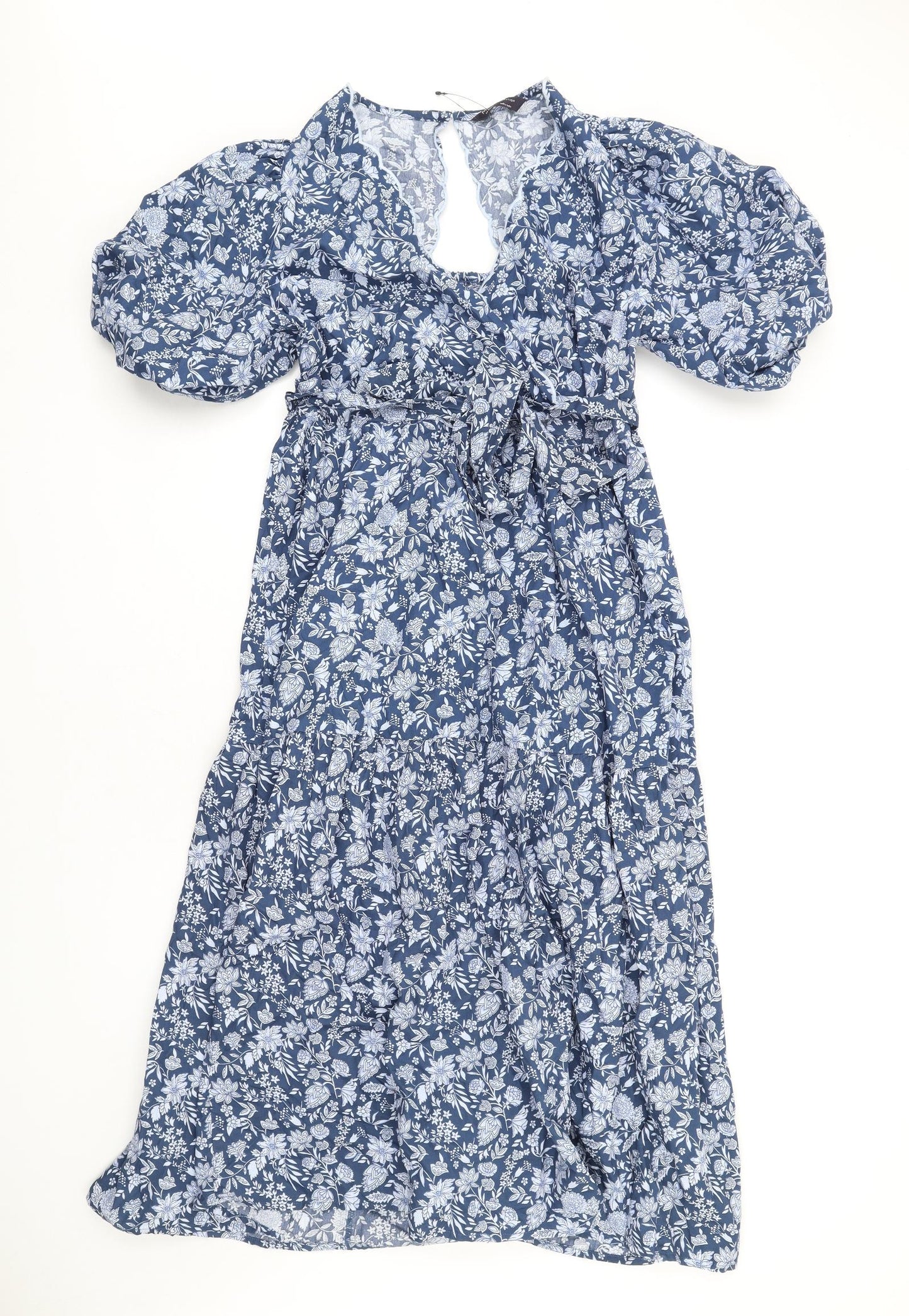 Marks and Spencer Womens Blue Floral Cotton A-Line Size 14 V-Neck Pullover