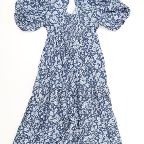 Marks and Spencer Womens Blue Floral Cotton A-Line Size 14 V-Neck Pullover