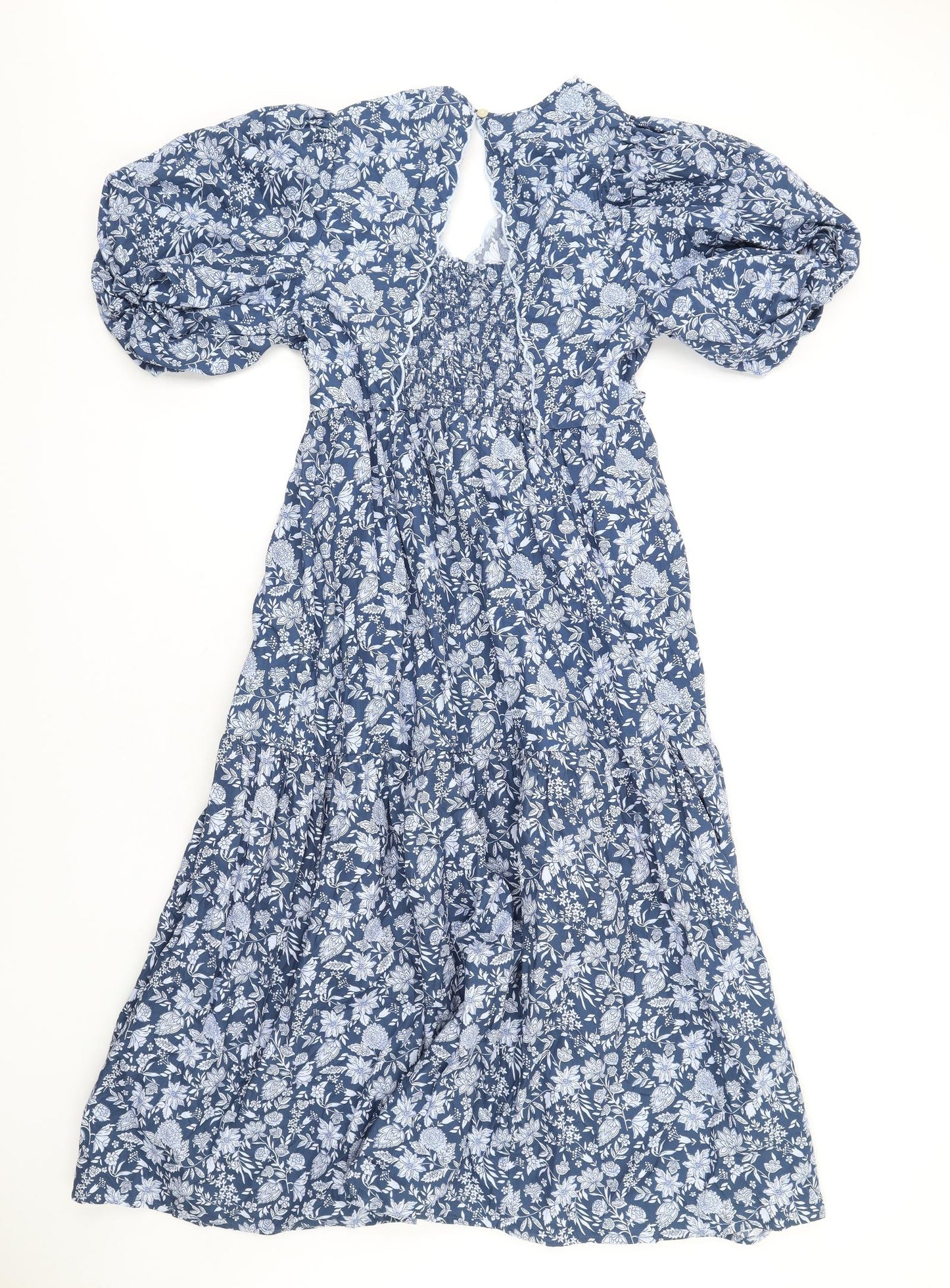 Marks and Spencer Womens Blue Floral Cotton A-Line Size 14 V-Neck Pullover