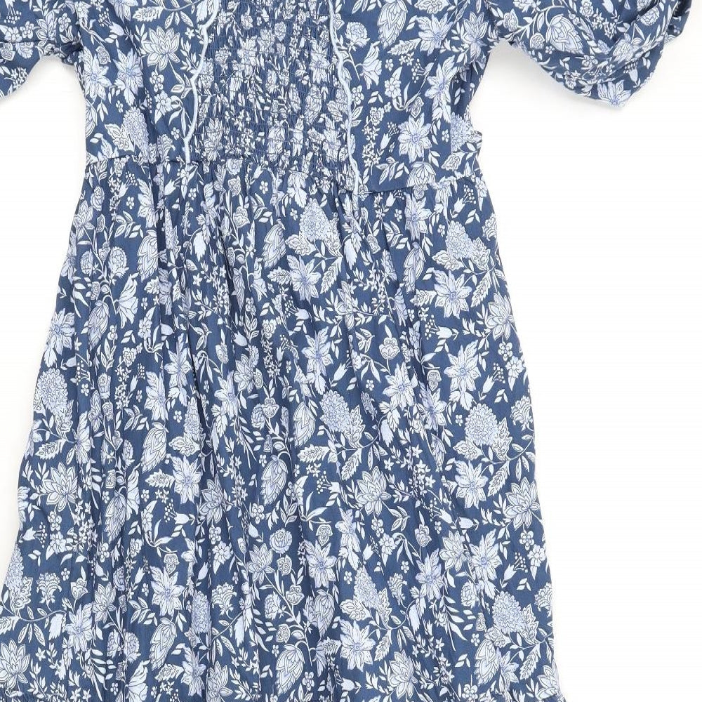 Marks and Spencer Womens Blue Floral Cotton A-Line Size 14 V-Neck Pullover