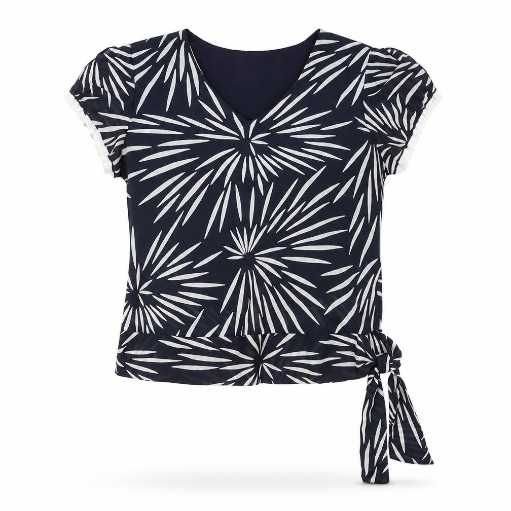 Front view of Victoria Taylor women’s blue geometric polyester basic t-shirt, size UK 16, round neck