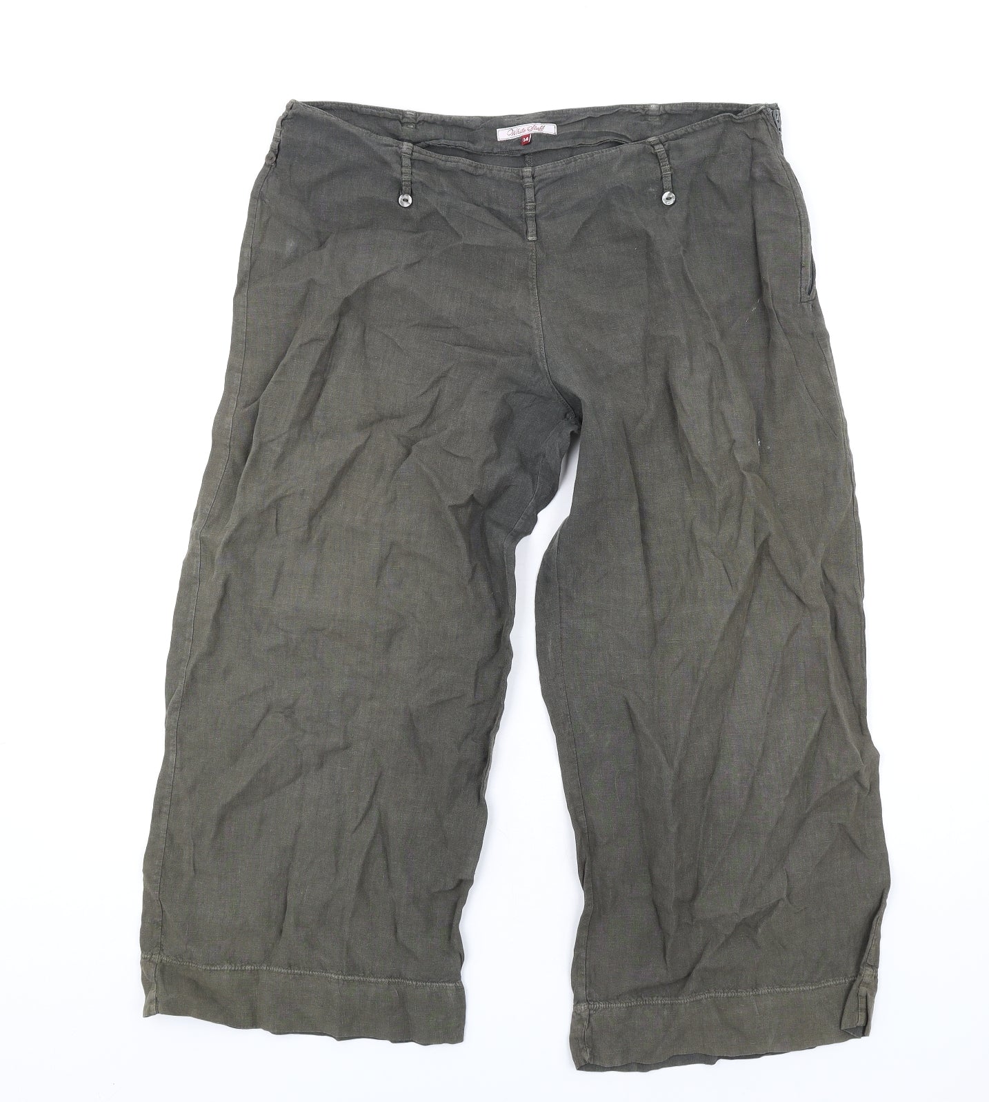 White Stuff Womens Green Linen Capri Trousers Size 14 L25 in Regular Zip