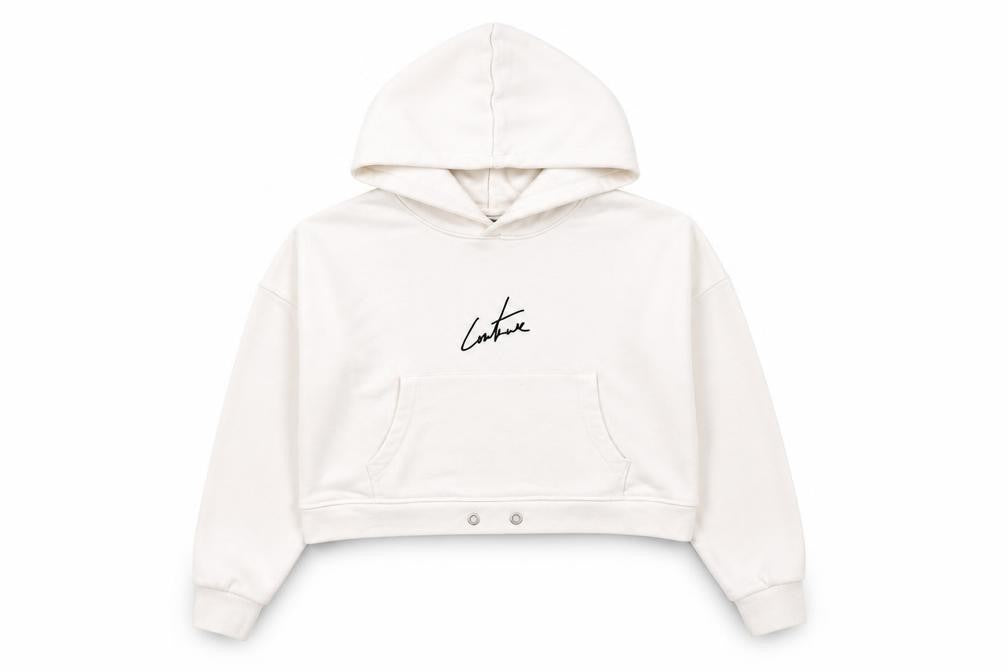 Front view of The Couture Club women’s ivory cotton pullover hoodie, size M, pullover