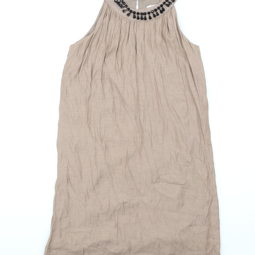 Jacqueline Riu Womens Brown Viscose A-Line Size 10 Round Neck Button - Beaded Neckline