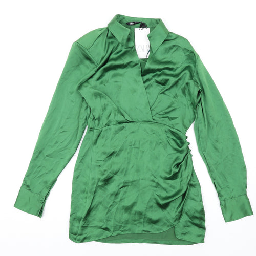 Zara Womens Green Polyester Shirt Dress Size S Collared Zip