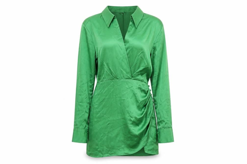 Front view of Zara women’s green polyester shirt dress, size S, collared zip