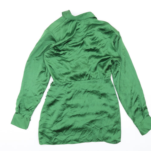 Zara Womens Green Polyester Shirt Dress Size S Collared Zip