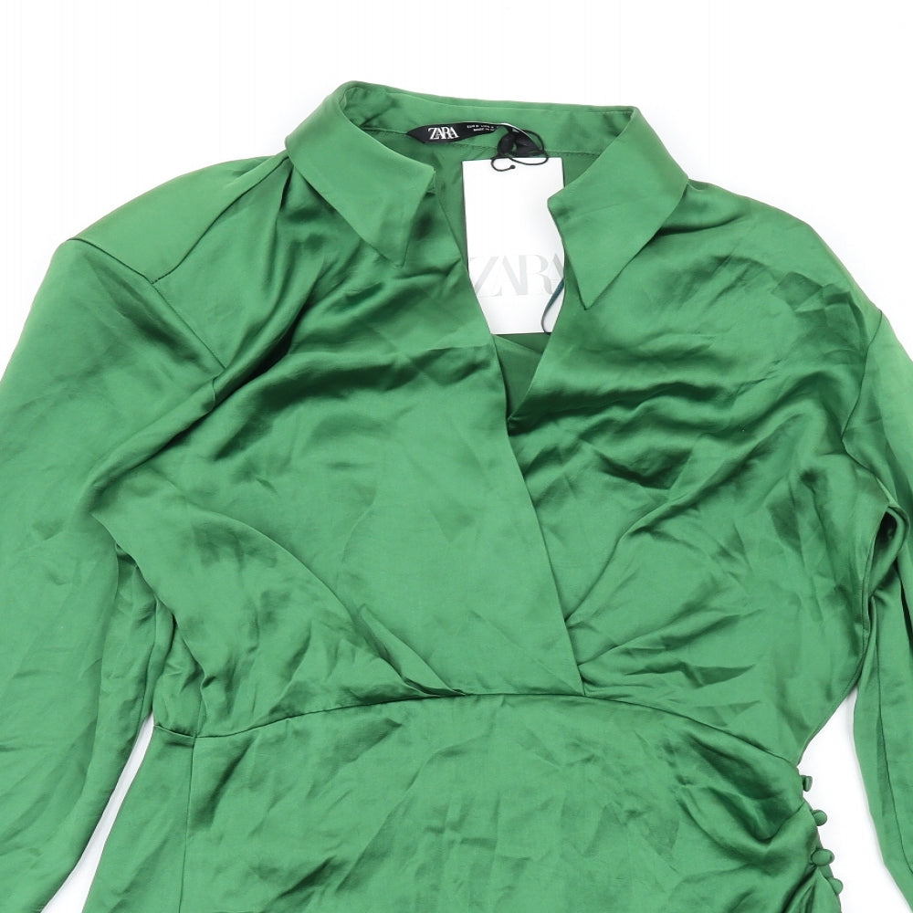 Zara Womens Green Polyester Shirt Dress Size S Collared Zip