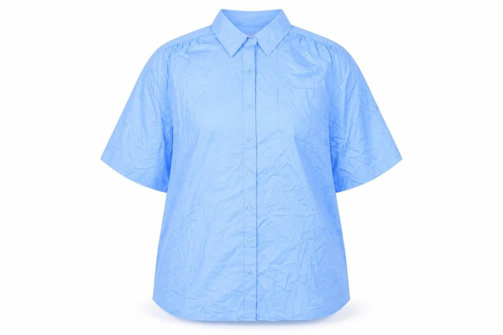 Front view of Woman Within women’s blue cotton basic button-up, size UK 26, collared