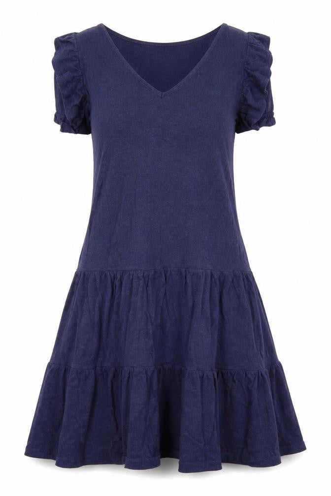 Front view of Next women’s blue linen a-line, size UK 10, v-neck pullover