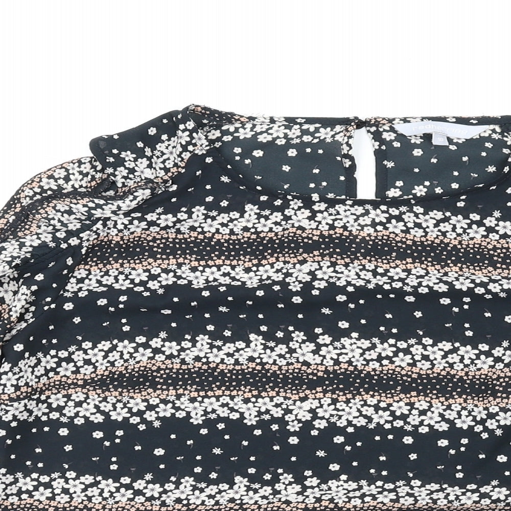 Red Herring Womens Black Floral Polyester Basic T-Shirt Size 10 Round Neck - Cold Shoulder