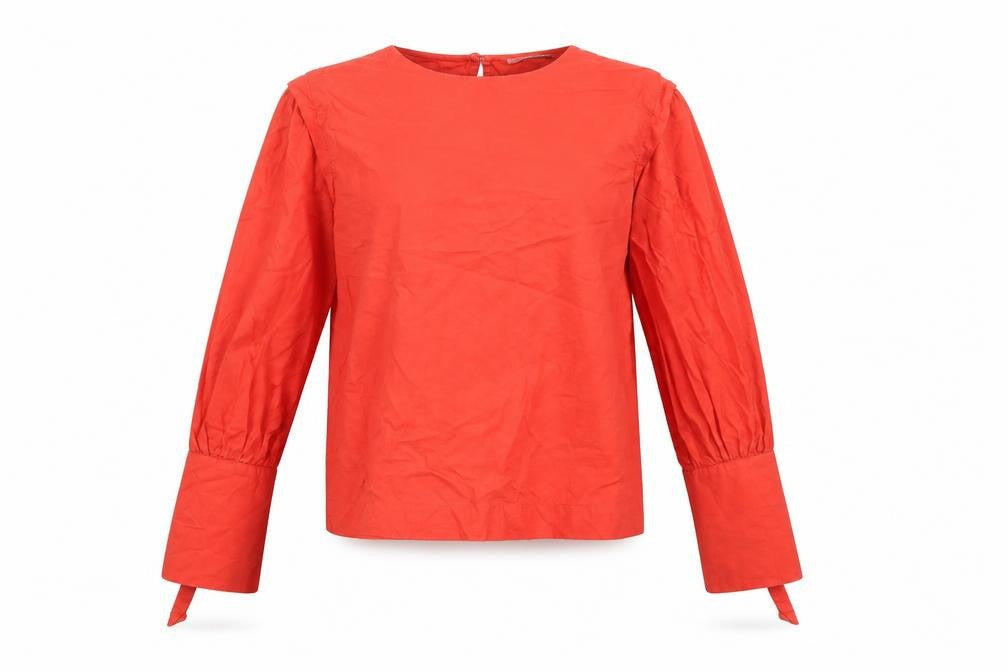 Front view of Mango women’s red cotton basic blouse, size XS, round neck