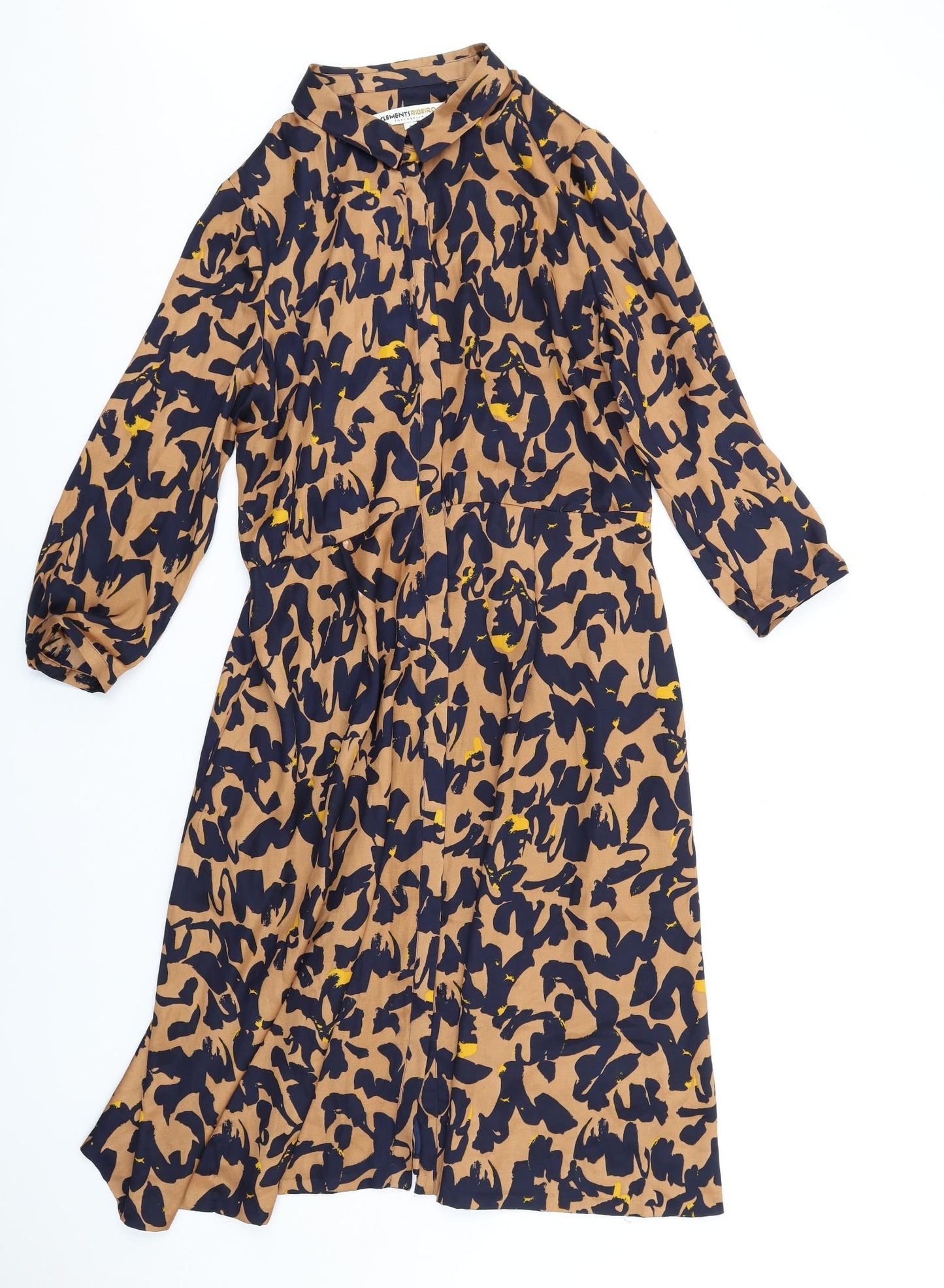 Clements Ribeiro Womens Brown Geometric Polyester Shirt Dress Size 14 Collared Button