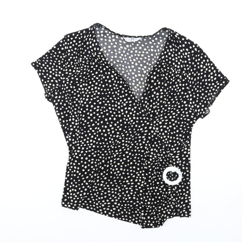 Joanna Hope Womens Black Geometric Polyester Basic T-Shirt Size 14 V-Neck