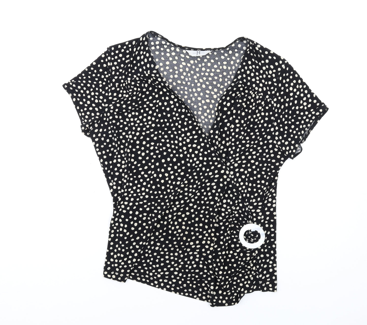 Joanna Hope Womens Black Geometric Polyester Basic T-Shirt Size 14 V-Neck