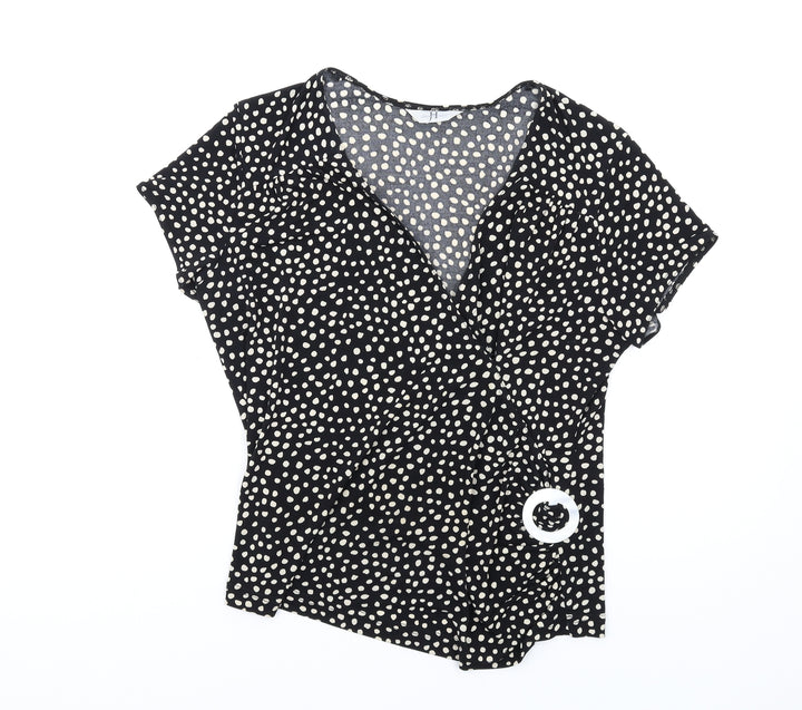 Joanna Hope Womens Black Geometric Polyester Basic T-Shirt Size 14 V-Neck
