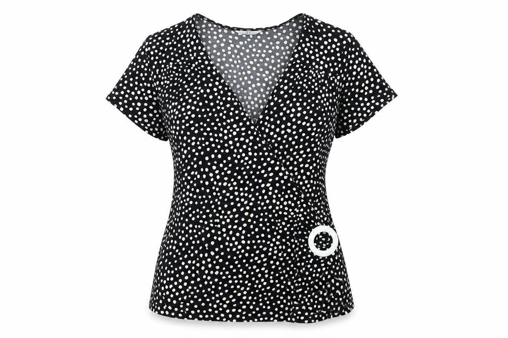 Front view of Joanna Hope women’s black geometric polyester basic t-shirt, size UK 14, v-neck