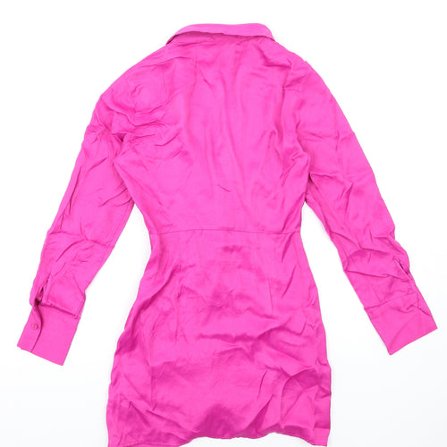 Zara Womens Pink Viscose Shirt Dress Size S Collared Zip