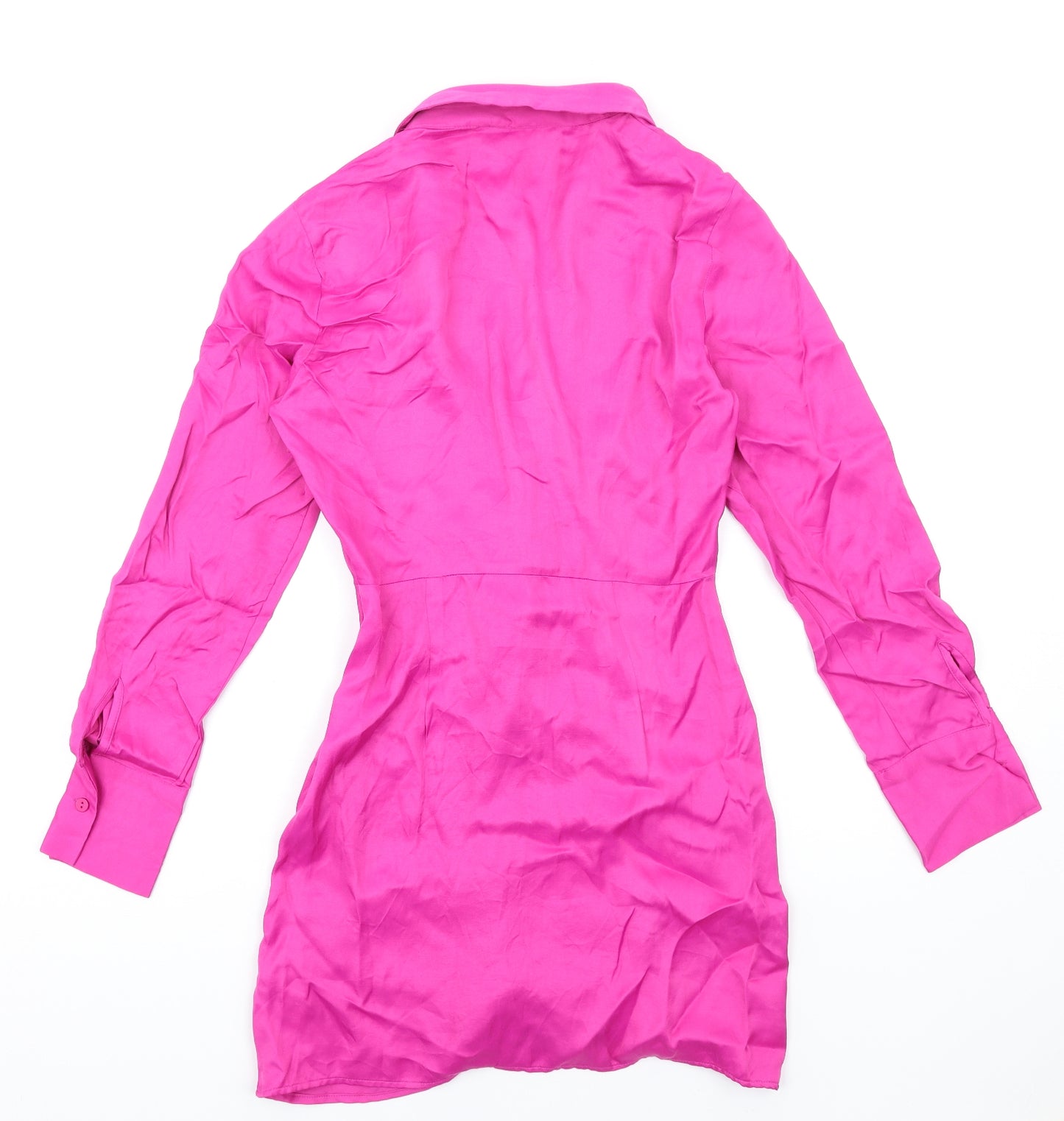 Zara Womens Pink Viscose Shirt Dress Size S Collared Zip