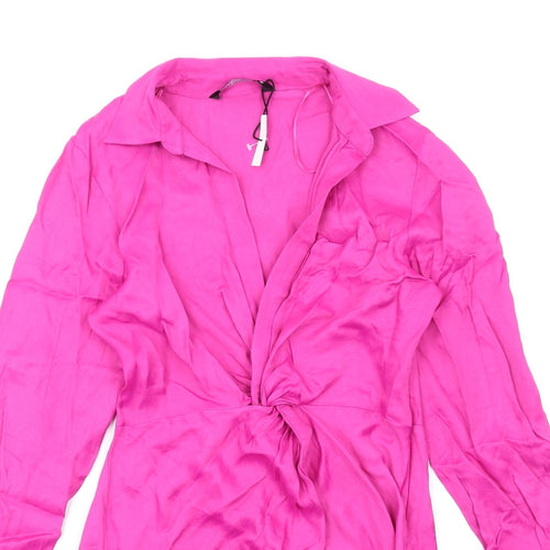 Zara Womens Pink Viscose Shirt Dress Size S Collared Zip