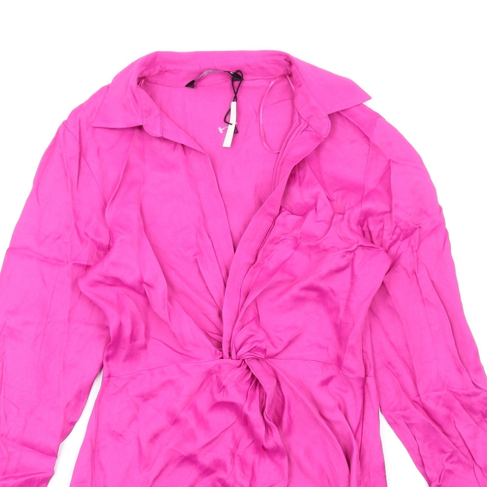 Zara Womens Pink Viscose Shirt Dress Size S Collared Zip