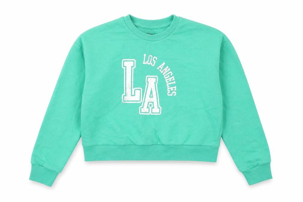 Front view of New Look girls’ green cotton pullover sweatshirt, size 12-13, years pullover