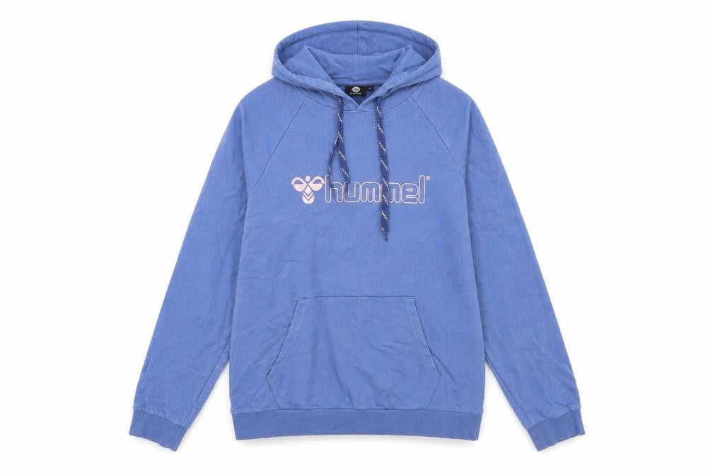 Front view of Hummel women’s blue cotton pullover hoodie, size XL, pullover