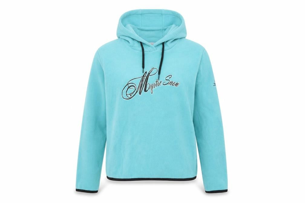 Front view of Crane Snow women’s blue polyester pullover hoodie, size M, pullover