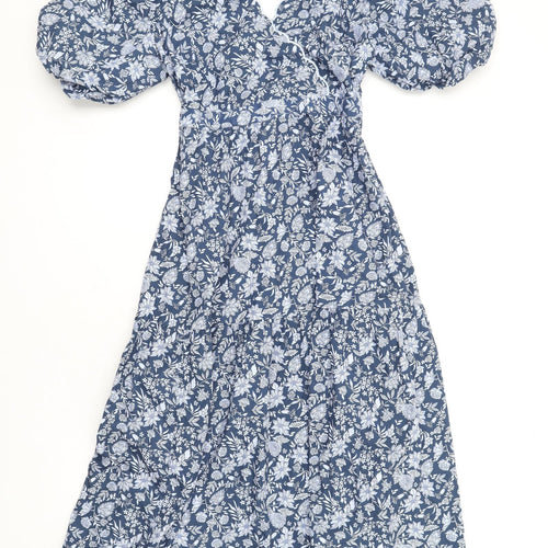 Marks and Spencer Womens Blue Floral Cotton A-Line Size 10 V-Neck Button